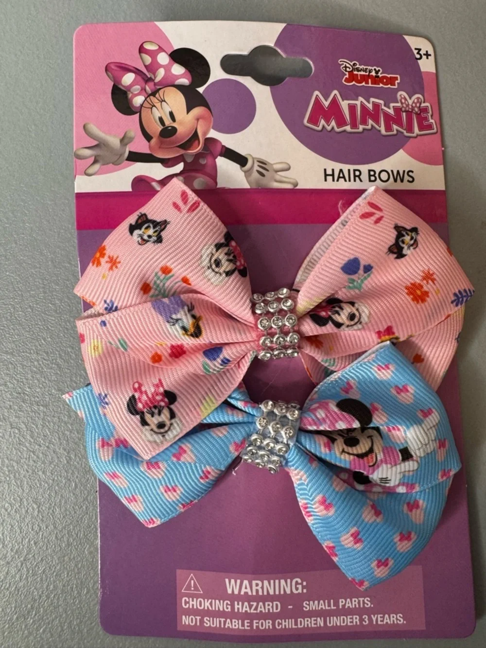 Disney Junior Minnie Mouse Pink & Blue rhinestone Hair Bows pastel colored